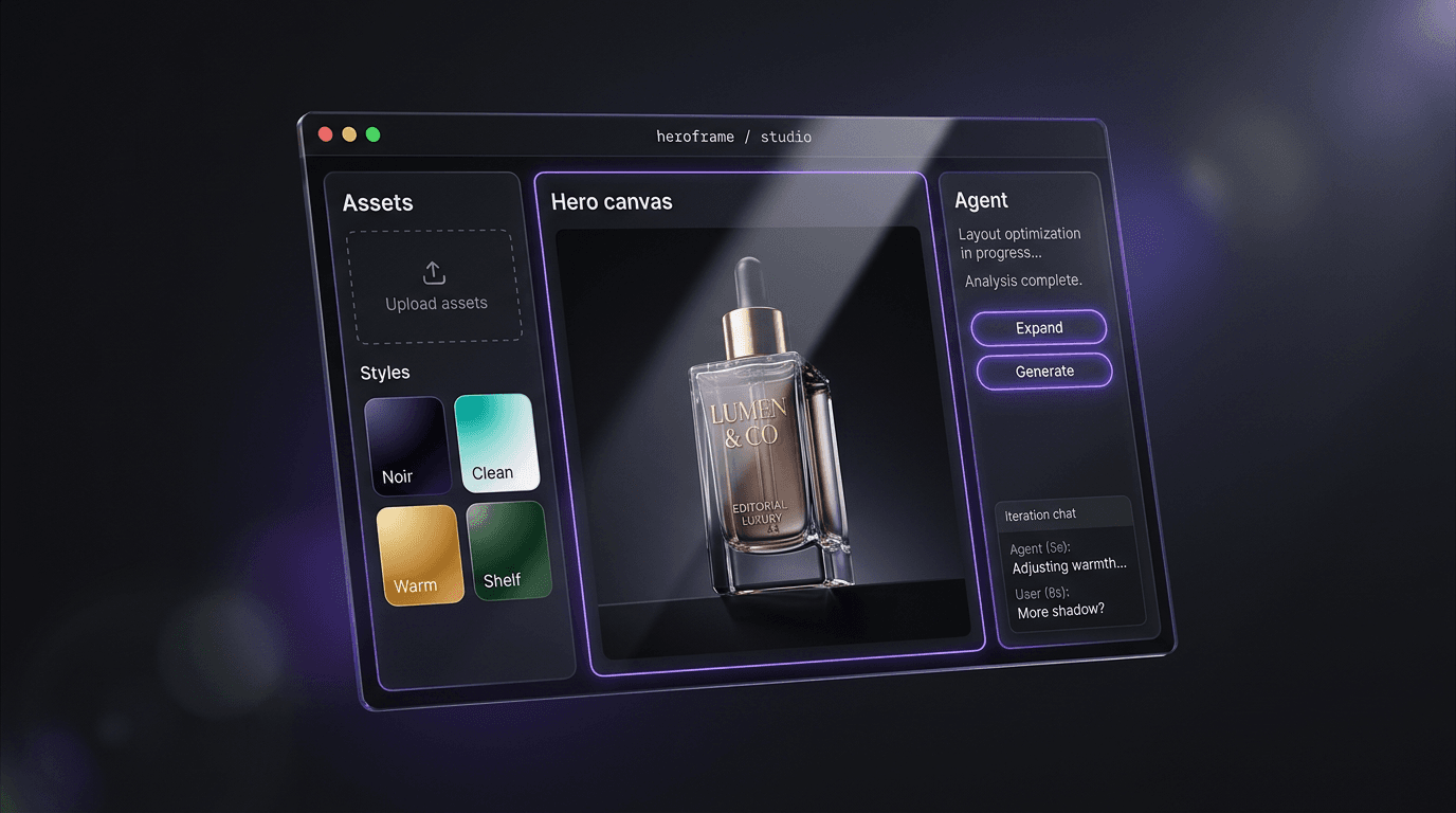 HeroFrame Studio — assets, live canvas, and agent columns in a cinematic 3D view
